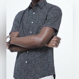 Michael Kors Men's Navy Patterned Short‎ Sleeve Button Down Shirt- XL